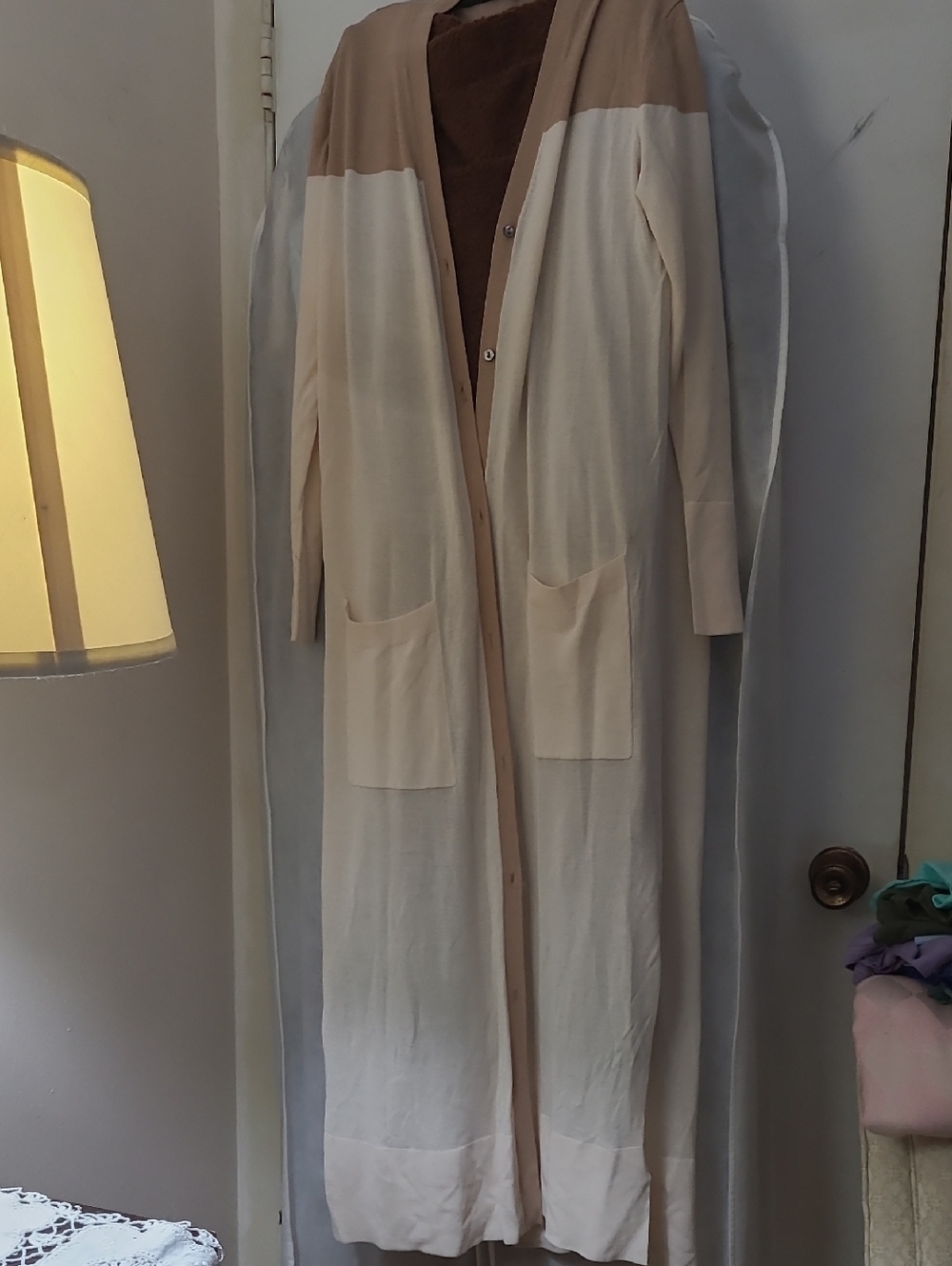 Zara Long Two-Tone Cream and Tan Cardigan